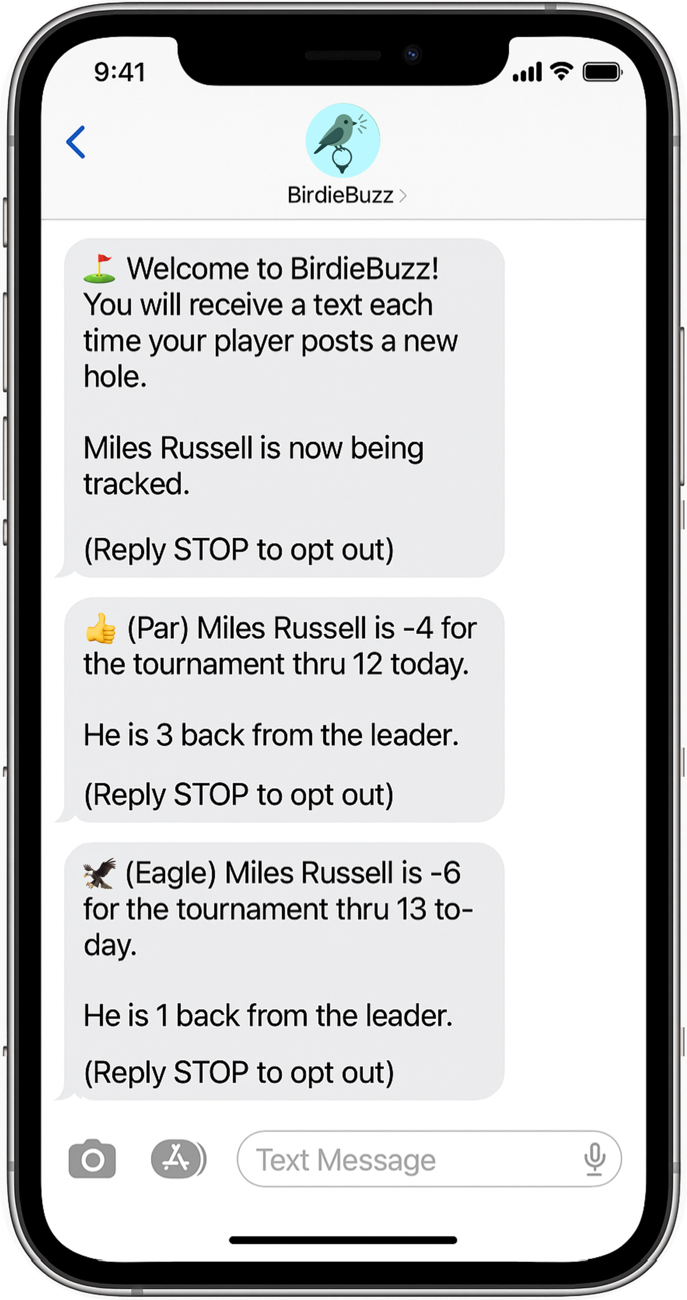 BirdieBuzz SMS preview
